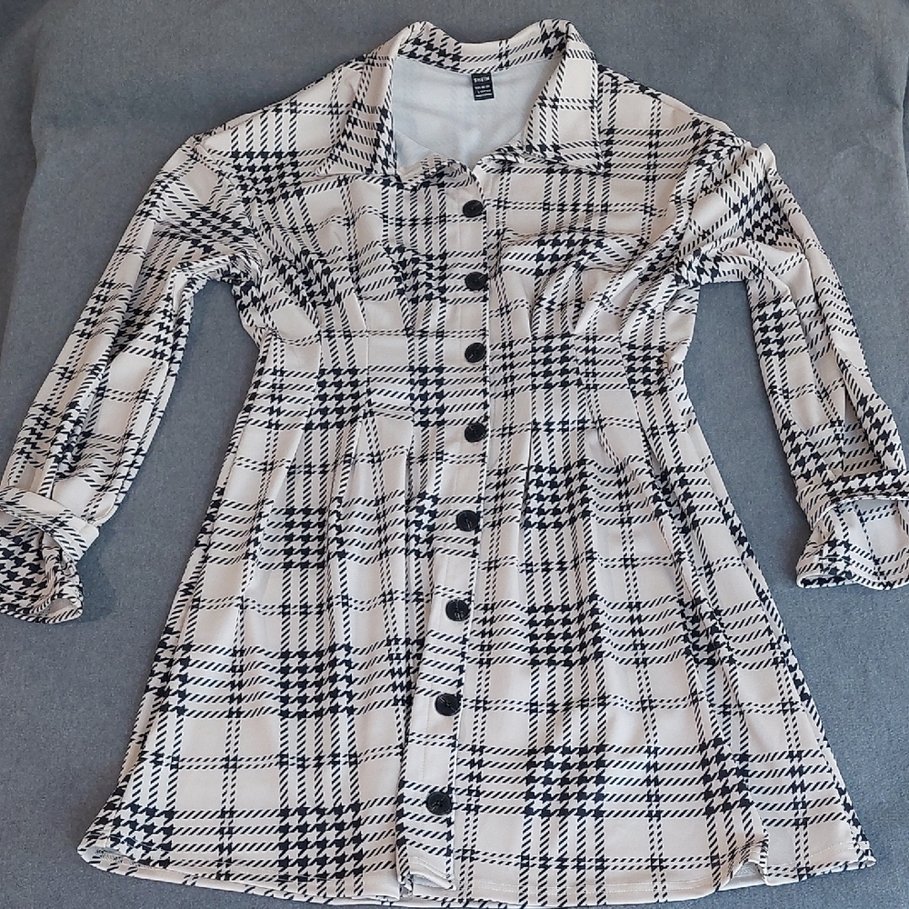 SHEIN Women's Black & White Plaid Long Sleeve Button Front Shirt Dress Size L
